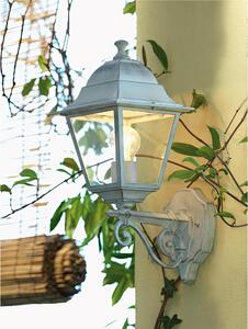 Applique in pressofusione di alluminio OLD PICCOLA Diffusori in vetro trasparente.Dimensione:20x18x h 37 cm Altezza max lampada: 170 mm. Alimentazione 230 V ~ 50 Hz bianco argento