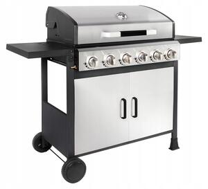 Barbecue a gas a 6 fuochi da 18 kW, griglia in ghisa, termometro integrato nel coperchio, carrello da 134 cm