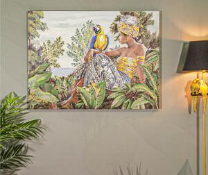 Dipinto su tela, quadro, donna seduta con un pappagallo KENDA 120x3x h 90 cm decoro raffigurante il volto di donna multicolore