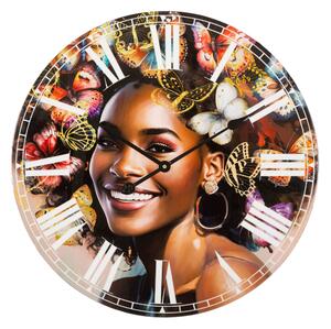 Orologio da parete raffigurante una donna con eleganti farfalle colorate KOURT Dimensioni 60x60x h4,5 cm applicazioni in tessuto