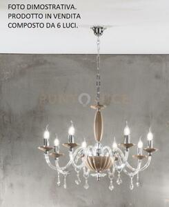 Lampadario cecilia 6 luci vetro e cristallo tortora e trasparente a