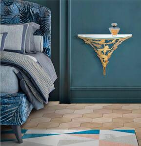 Comodino semicircolare da parete in metallo dorato con piano in vetro BUTTERFLIES Dimensioni 44,5x24,5x h 34,5 cm - Peso 2,0 kg Vetro temperato a specchio telaio oro
