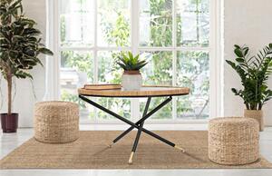 Tavolo da caff� rotondo con struttura in metallo nero, BOHO CHIC, dimensioni � 80X46,5 cm piano in vetro incorniciato in un intreccio di rattan