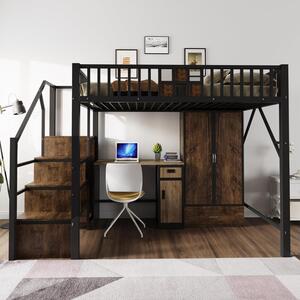Letto a castello in metallo, 140x200 cm, con spazio contenitivo, armadio, scaffali e cassetti, colore nero