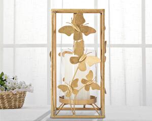 Porta candele in Metallo dorato in vetro con farfalle 14x14xh29 cm struttura design farfalle