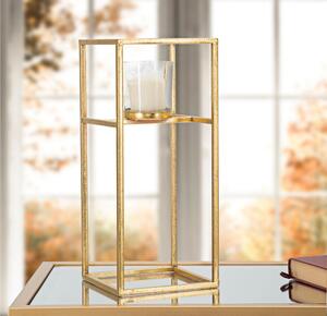 Porta candele in Metallo dorato con bicchierino in vetro 15x15xh35 cm struttura e candele design geometrico colore oro