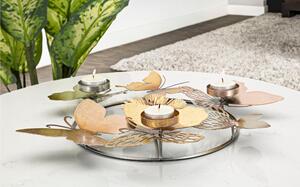 Porta candele rotondo da tavolo composto da fiori e farfalle multicolori 39x35xh 7 cm struttura e 3 candele colore oro
