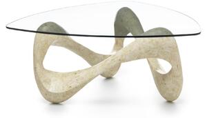 Tavolino Tetris Stone Decor E5 100x100xH42.5 cm, Vetro Trasparente, Gambe Beige in Pietra Fossile White Agata