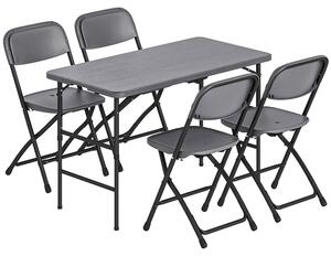 Set Tavolo Regolabile 118x60x74 cm e 4 Sedie da Giardino Pieghevoli in HDPE Effetto Legno Grigio Scuro