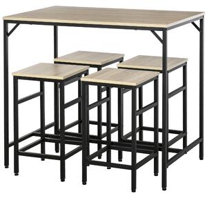 Set Bar Tavolino Alto e 4 Sgabelli in Metallo e Legno Rovere Chiaro