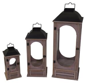 Set 3 Lanterne in Legno in Metallo naturale grigio c/cassetto quadro