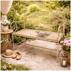 Panca da giardino "Farfalla", color crema, in metallo con decorazione, seduta di 109 cm
