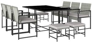 Set 11 Pezzi da Pranzo da Esterno con Tavolo 6 Poltrone e 4 Pouf in Rattan PE Vetro e Acciaio Grigio