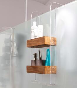 Porta oggetti per doccia con doppio gancio esterno e doppia vaschetta interna. 27,5x21x h 62 cm plexiglass e in legno sono realizzati in Teak ,colore trasparente