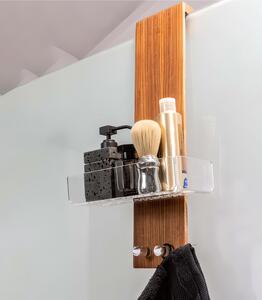 Porta oggetti per doccia Dimensioni 25x15,5xh 50 cm con doppio gancio e vaschetta interna in plexiglass e struttura portante in teak