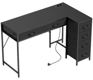 Scrivania Angolare 126x48x80 cm a 6 Cassetti con Gancio Laterale e Prese Integrate in Legno e Acciaio Nero