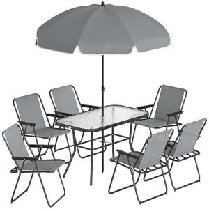 Set 8 Pezzi da Giardino con Ombrellone 6 Sedie Pieghevoli e Tavolo da Esterno in Vetro Temperato Grigio