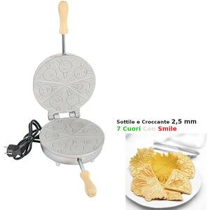 Biscottiera elettrica tonda tonda sottile 7 cuori con smile 23,5x19x h 11 cm 600 Watt 3,0 kg Spessore cialda mm 2,50 cialda tonda, sottile e croccante