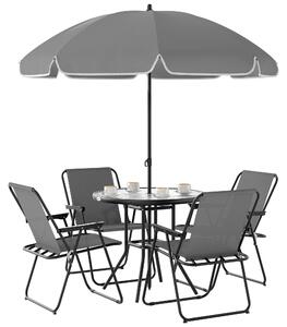 Set da Giardino 6 Pezzi con 4 Sedie Pieghevoli Ombrellone e Tavolo Rotondo Grigio e Nero