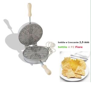 Biscottiera elettrica tonda sottile 4 PZ fiore sottili, friabili e croccanti 23,5x19x h 11 cm 600 Watt 3,0 kg Spessore cialda mm 2,5 cialda tonda, sottile e croccante