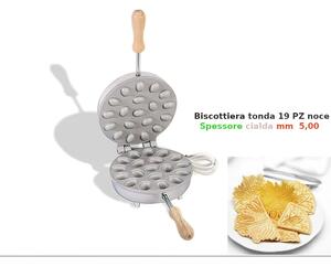 Biscottiera elettrica tonda per Ferratelle 19 PZ noci / gusci dolci e salati Dimensioni 23,5x19x h 11 cm 600 Watt 3,0 kg Spessore cialda mm 5,0 cialda tonda, sottile e croccante