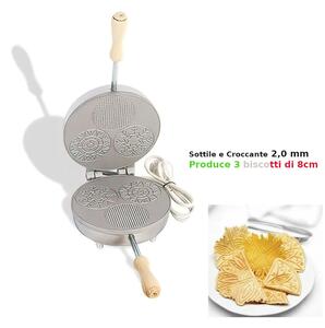 Biscottiera elettrica tonda 3 biscotti di 8cm di diametro sottili, friabili e croccanti 23,5x19x h 11 cm 600 Watt 3,0 kg Spessore cialda mm 20 cialda tonda, sottile e croccante