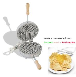 Biscottiera elettrica tonda tonda di media profondit� a 5 cuori Dimensioni 23,5x19x h 11 cm 600 Watt 3,0 kg Spessore cialda mm 3,5 cialda tonda, sottile e croccante