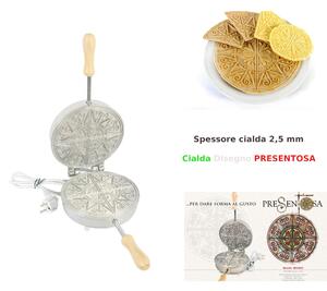 Biscottiera elettrica tonda con disegno ispirato alla PRESENTOSA (gioiello tipico abruzzese) 23,5x19x h 11 cm 600 Watt 3,0 kg Spessore cialda mm 2,5 cialda tonda, sottile e croccante