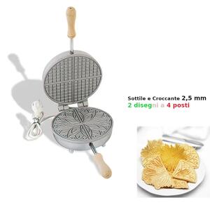 Biscottiera elettrica tonda per cialde sottili 2 disegni a 4 Spicchi friabili e croccanti 23,5x19x h 11 cm 600 Watt 3,0 kg Spessore cialda mm 2,5 cialda tonda, sottile e croccante