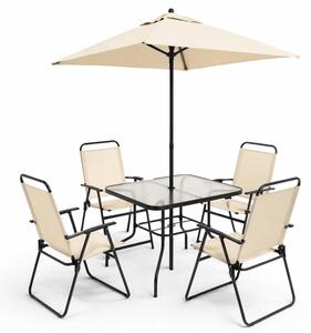 Set 6 Pezzi da Pranzo per Giardino Patio con Ombrellone 4 Sedie Pieghevoli e Tavolo 85x85x70 cm Beige