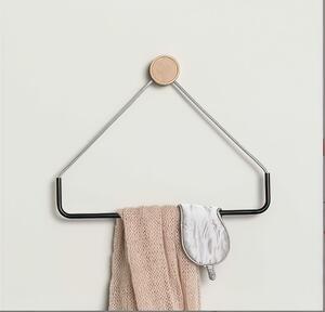 Porta asciugamani Triangolare con cilindro in legno Rovere Fissaggio anche biadesivo 32x6xh20 cm Linea RING Nero opaco RAL 9016