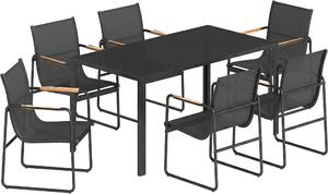 Set 7 Pezzi con Tavolo 150x80x73 cm e 6 Sedie da Giardino con Braccioli in Acciaio e Vetro Nero