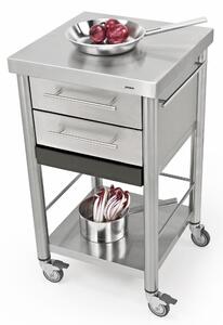 Carrello da cucina in acciaio inox con due cassetti tagliere aggiuntivo, dimensioni 50x50x h 95 cm peso 39 kg con tagliere piano di lavoro in Acciaio inox satinato