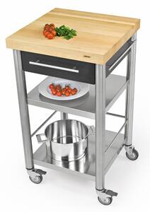Carrello da cucina in pietra acrilica nera e top da lavoro in carpino bianco, dimensioni 50x50x h 90 cm peso 24 kg dimensioni cassetto 36x33xh 8,5 carpino bianco listellare