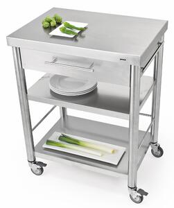 Carrello da cucina in acciaio inox della serie Auxilium con due ripiani con cassetto, dimensioni 56x33x h 85 cm peso 32 kg con tagliere in acciaio inox