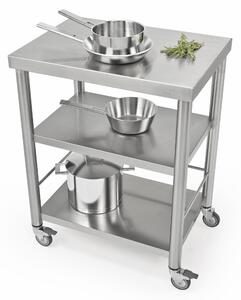 Carrello da cucina in acciaio inox della serie Auxilium con due ripiani senza cassetto, dimensioni 70x50x h 90 cm peso 23 kg con tagliere in acciaio inox