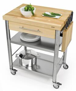 Carrello da cucina in acciaio inox con cassetto due piani, dimensioni 70x50x h 90 cm peso 35 kg con tagliere piano di lavoro carpino bianco listellare