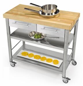 Carrello da cucina in acciaio inox con cassetto due piani, dimensioni 100x60x h 90 cm peso 64 kg con tagliere piano di lavoro carpino bianco listellare