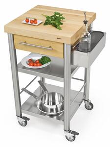 Carrello da cucina in acciaio inox con cassetto due piani, dimensioni 50x50x h 90 cm peso 28 kg con tagliere piano di lavoro carpino bianco listellare