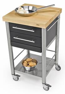Carrello da cucina in pietra acrilica Nera con due cassetti tagliere aggiuntivo, dimensioni 50x50x h 90 cm peso 36 kg con tagliere carpino bianco listellare