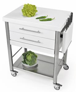 Carrello da cucina in pietra acrilica bianca con due cassetti due piani, tagliere dimensioni 70x50x h 90 cm peso 50 kg con tagliere piano da lavoro in pietra acrilica bianca