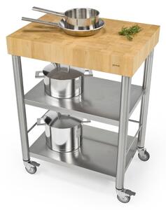 Carrello da cucina in acciaio inox due piani senza cassetti dimensioni 70x50x h 95 cm peso 41 kg con tagliere carpino bianco listellare