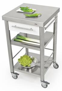 Carrello da cucina in pietra acrilica Bianca e top da lavoro in carpino bianco, dimensioni 50x50x h 90 cm peso 24 kg dimensioni cassetto 36x33xh 8,5 carpino bianco listellare
