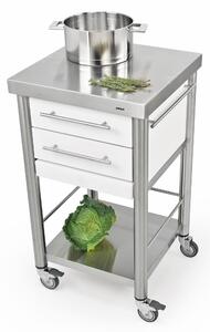 Carrello da cucina in pietra acrilica bianca con due cassetti tagliere aggiuntivo, dimensioni 50x50x h 90 cm peso 36 kg con tagliere in polietilene bianca