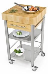 Carrello da cucina in acciaio inox con cassetto due piani , dimensioni 50x50x h 95 cm peso 38 kg con tagliere piano di lavoro carpino carpino bianco tassellato