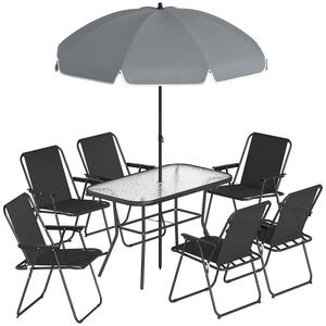 Set 8 Pezzi da Giardino con Ombrellone 6 Sedie Pieghevoli e Tavolo da Esterno in Vetro Temperato Nero