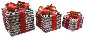 Set 3 Pacchi di Natale con LED in Plastica Rosso Glitterato