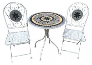 Set Tavolino + 2 Sedie con Mosaico in Metallo Bianco Antico