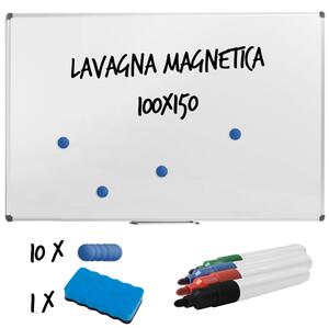 Lavagna magnetica, scrivibile e cancellabile in acciaio laccato Dimensioni 150x110 cm - fissaggio a parete vaschetta porta accessori anodizzato silver