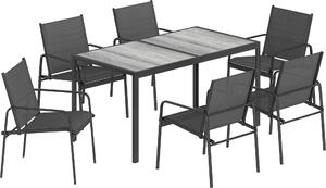 Set 7 Pezzi da Giardino con Tavolo e 6 Sedie da Pranzo con Braccioli in Acciaio Nero